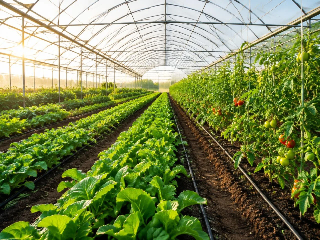 Interior de estufas com fileiras de culturas hortícolas em produção na Grão D'Ouro
